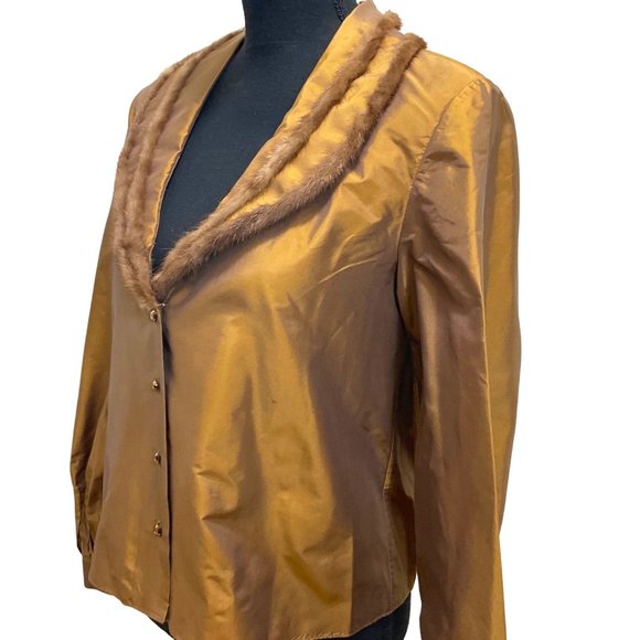 Fur Trimmed Taffeta Blouse 90s Y2K Dark Gold V-Neckline Button Front - Picture 4 of 6